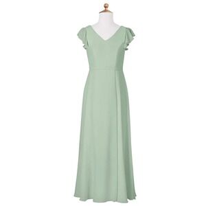 Azazie Sage Green Agave V-Neck Ruffle Shoulder Maxi Gown Bridesmaid Dress S/M